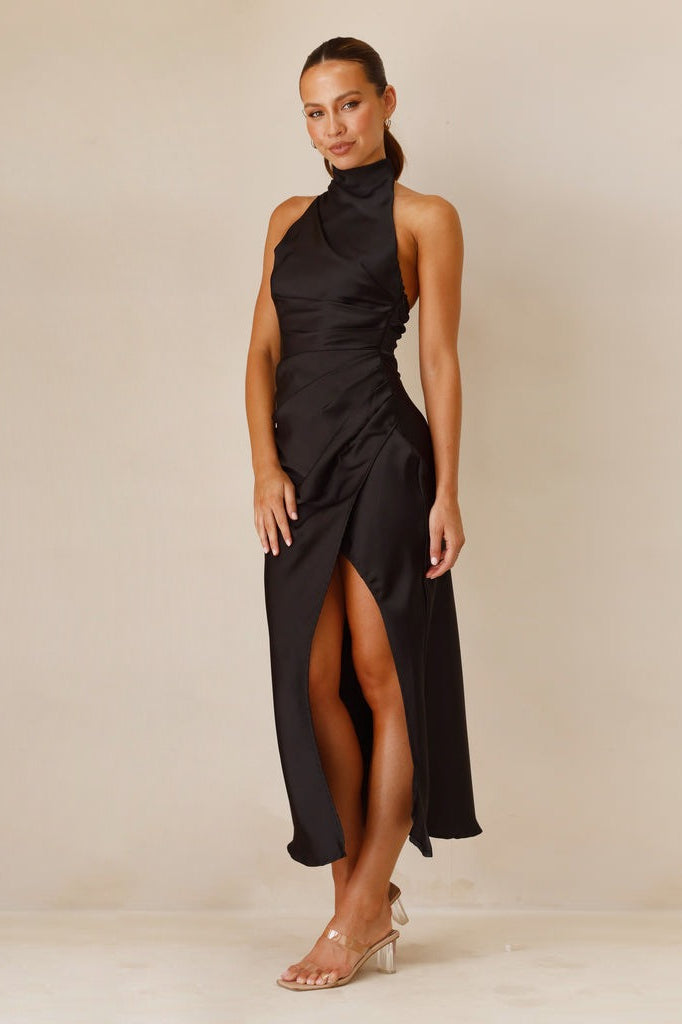 Halter Fitted Solid Color Slit Sleeveless Maxi Cocktail Dress