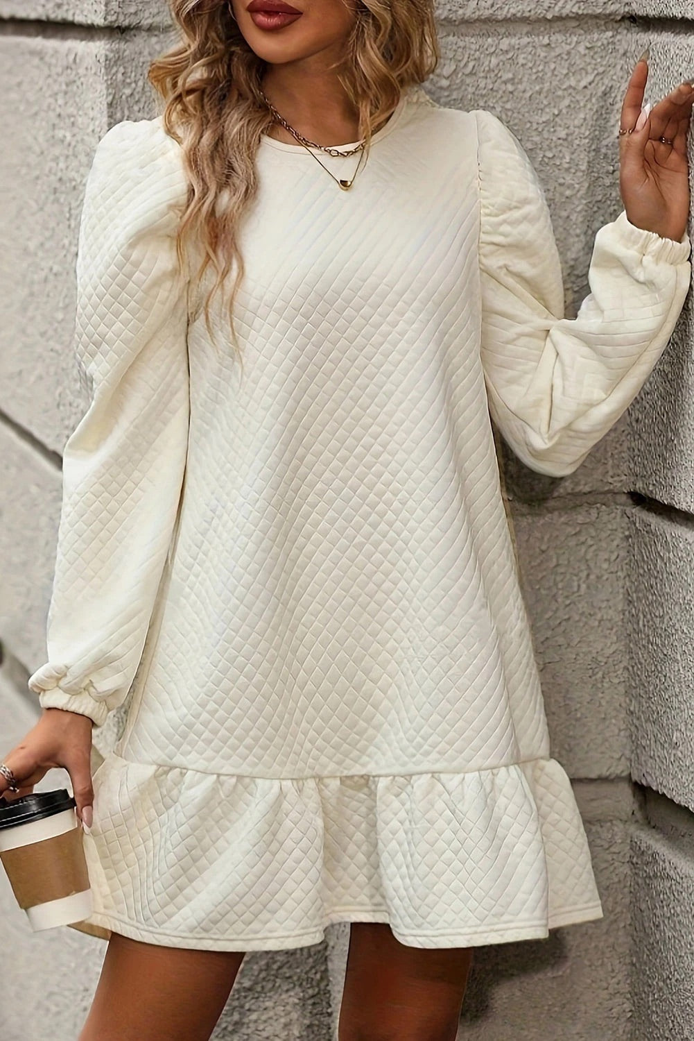 Effortless Ariana White Structured Mini Dress with Ruffle Hem and Grid Pattern Elevated Occasion Wear