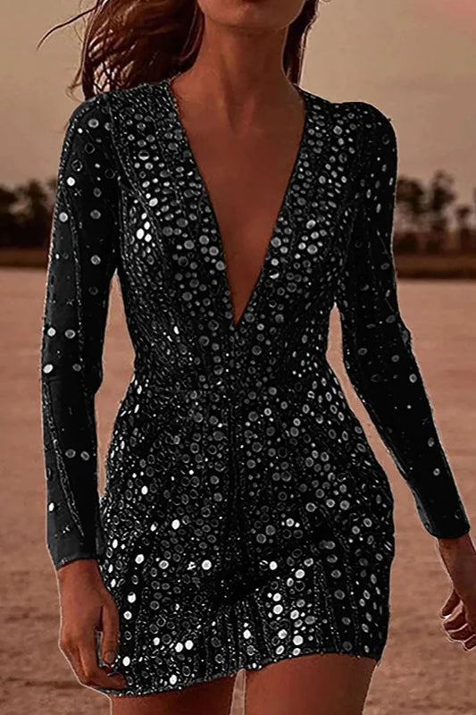 Alluring Deep V Neck Sequin Mini Dress
