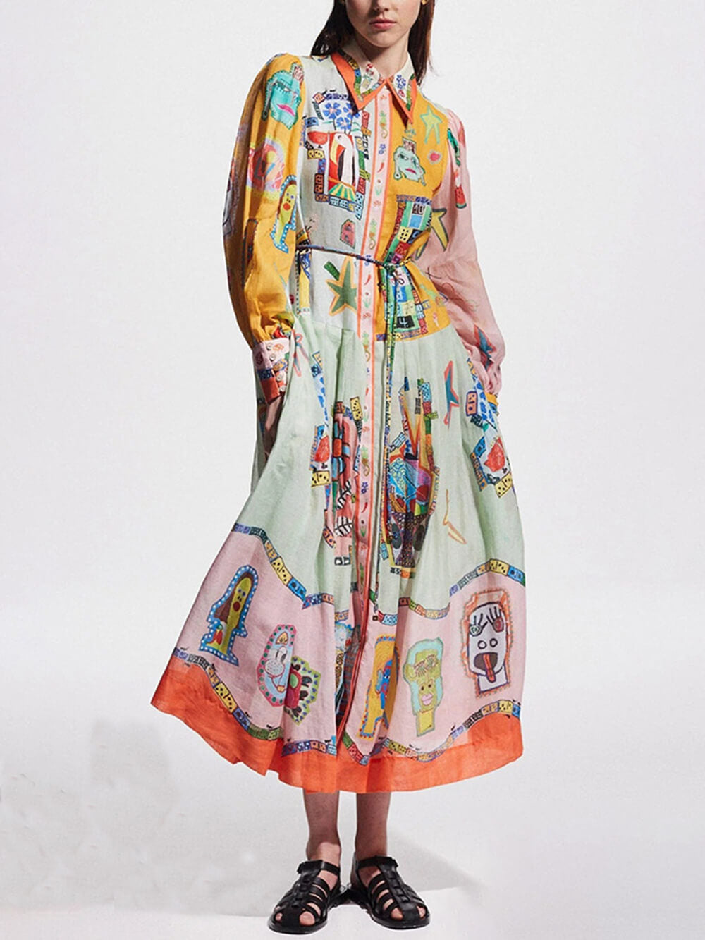 Print Unique Colorblock Balloon Sleeve Belt Shirt Midi Dress