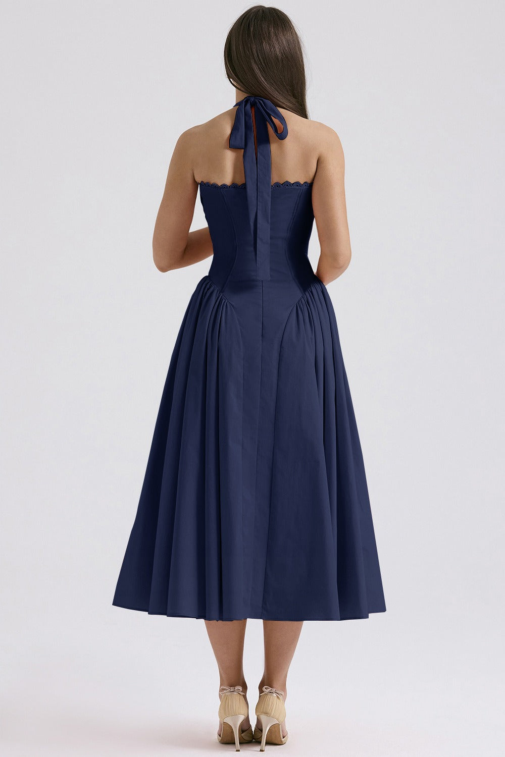 Flower Halter Lace Trim Long Sleeveless Prom Dress