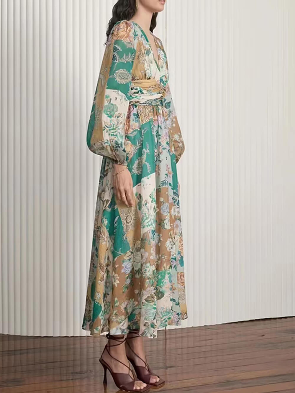 Painted Hand Printed V Neck Waist Midi Dress
