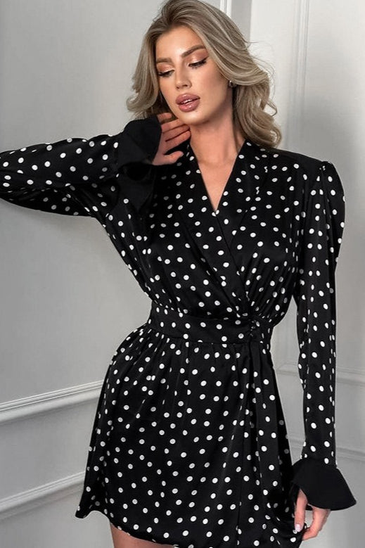 Neck V Puff Sleeve Polka Dot Mini Dress