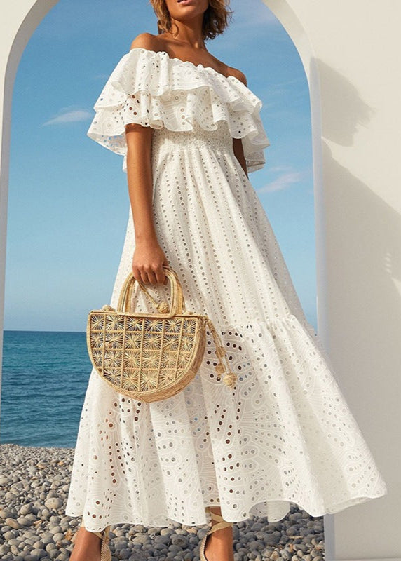 Eyelet Lunara Off-Shoulder Dress White Ruffle Midi