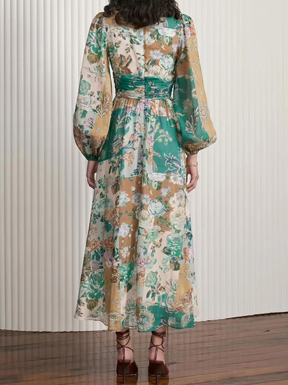 Painted Hand Printed V Neck Waist Midi Dress