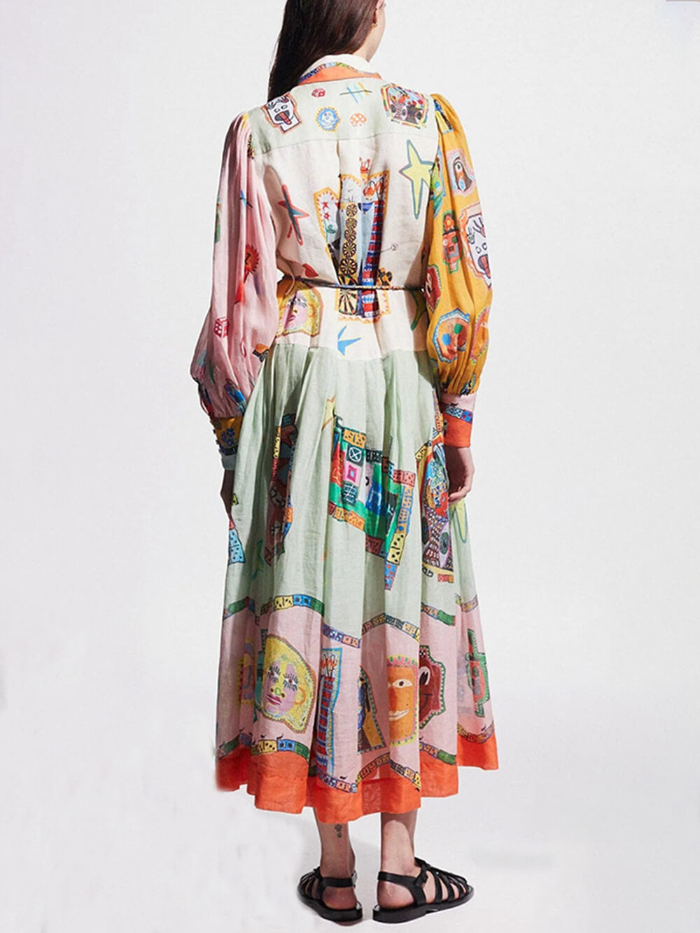 Print Unique Colorblock Balloon Sleeve Belt Shirt Midi Dress