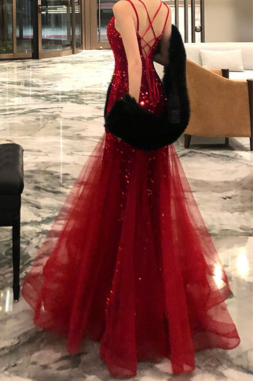 Chic Sequin Spaghetti Strap Evening Prom Dress