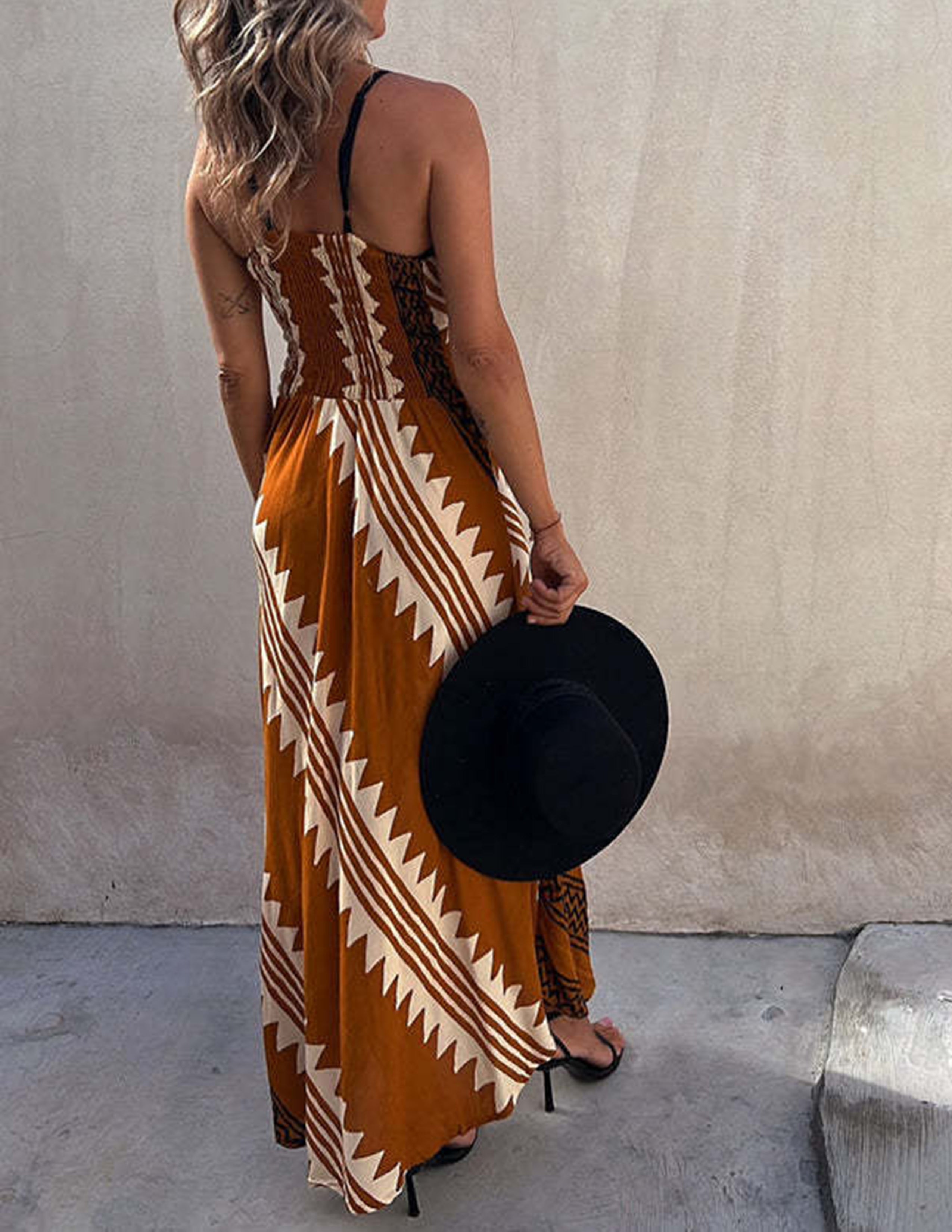 Melody Exclusive Satin Ethnic Print Smocked Back Midi Dress