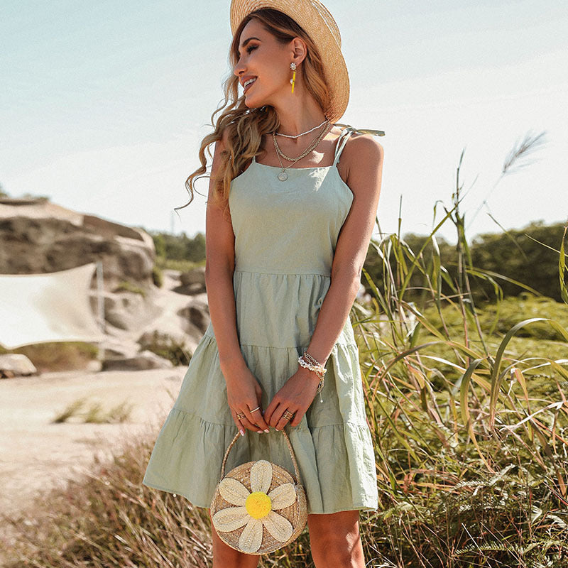 Sur Big Linen Blend Tiered Babydoll Dress Lime