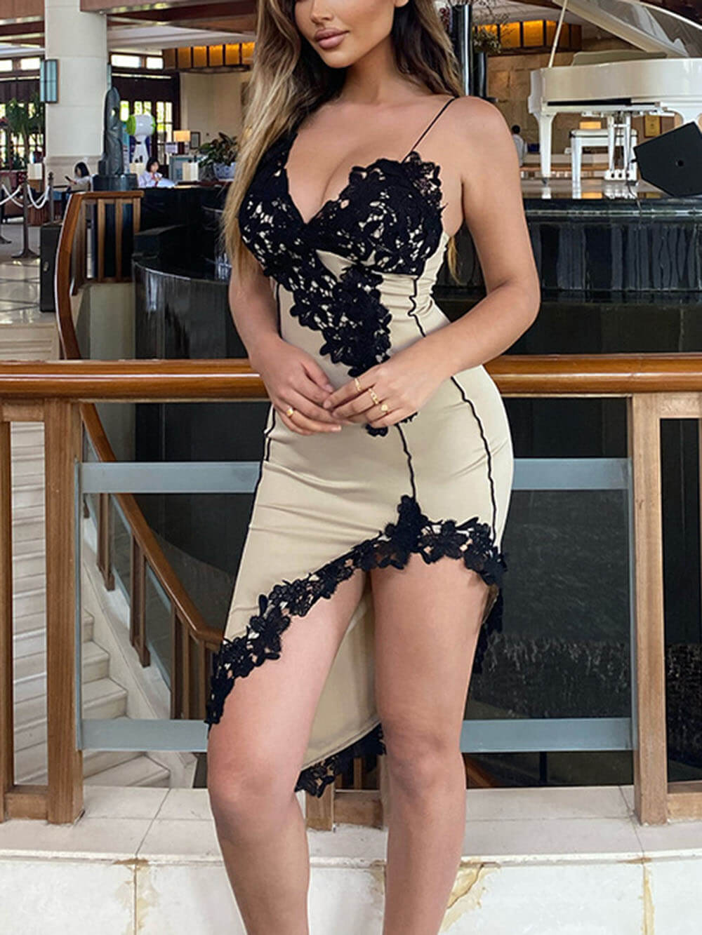 Strap V Lace Hip Hugging Short Dress