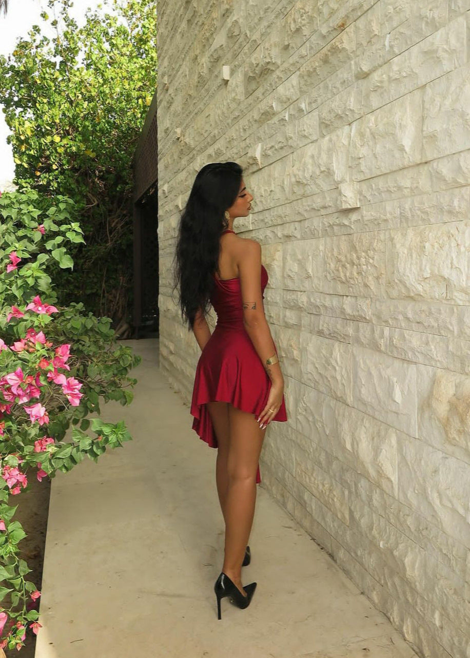 Asymmetrical Selene Satin Halter Dress