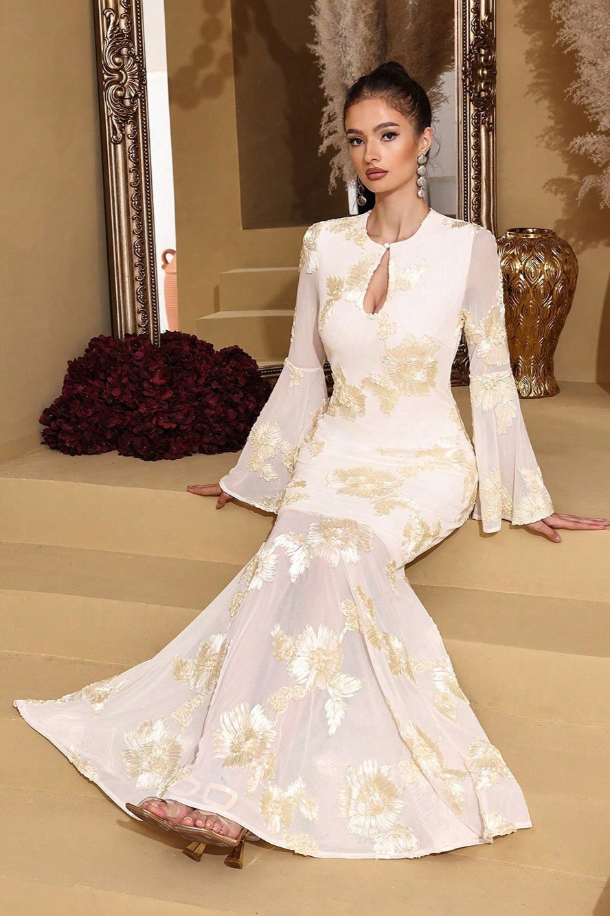 Graceful Embroidered Mesh Trumpet Sleeve Prom Dress