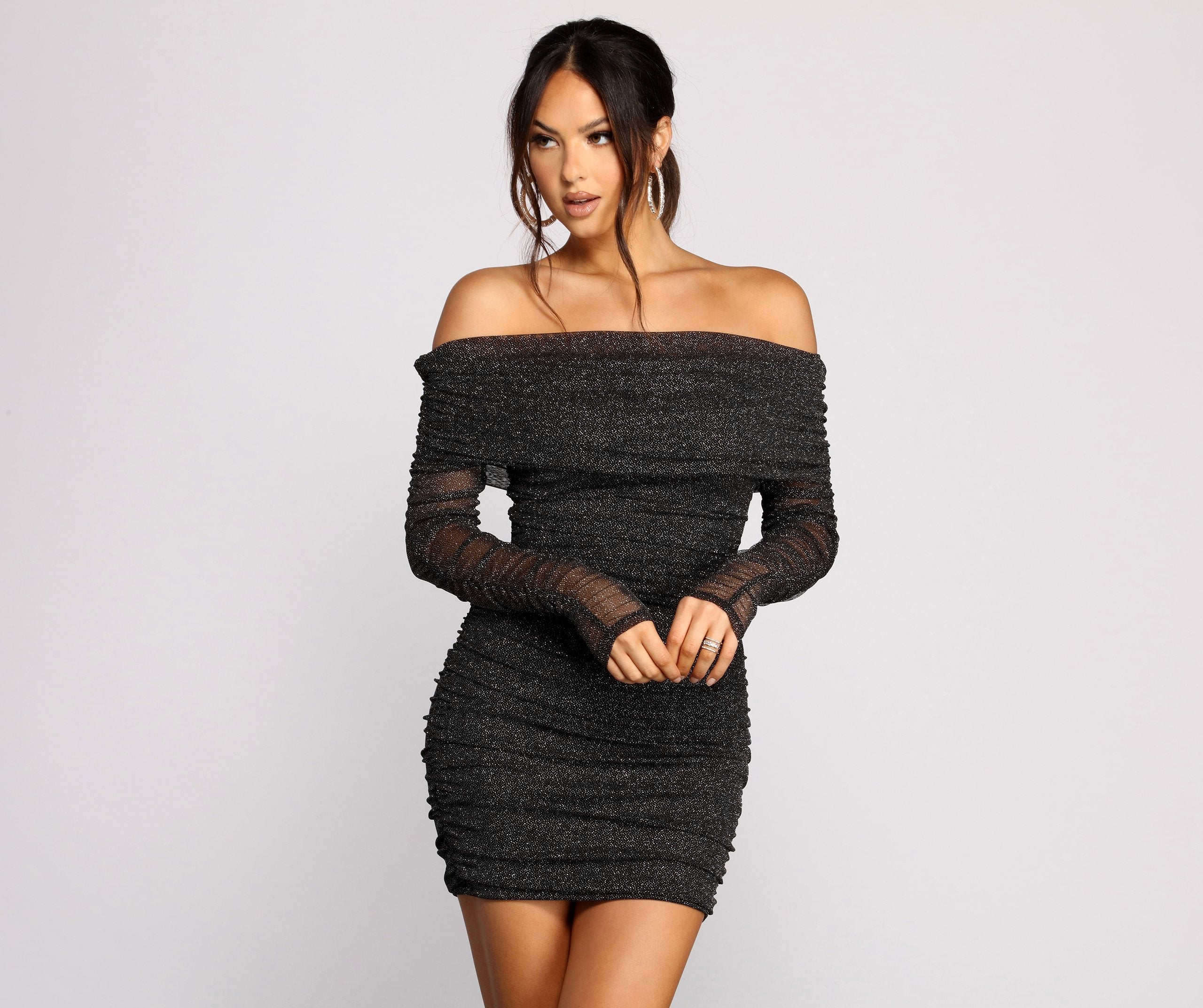 Nights Shimmer Off the Shoulder Glitter Mini Dress