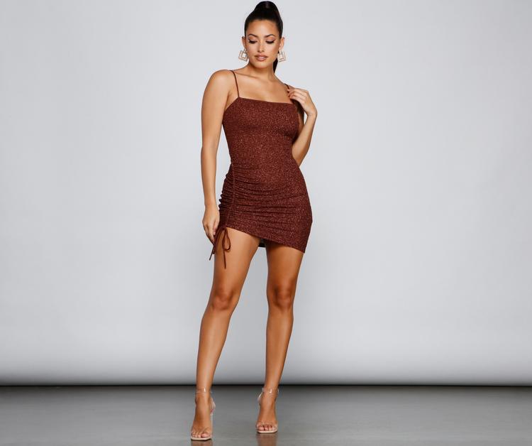 On Shine Ruched Glitter Mini Dress