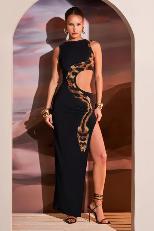 Print Snake Hollow Out Midi Dress
