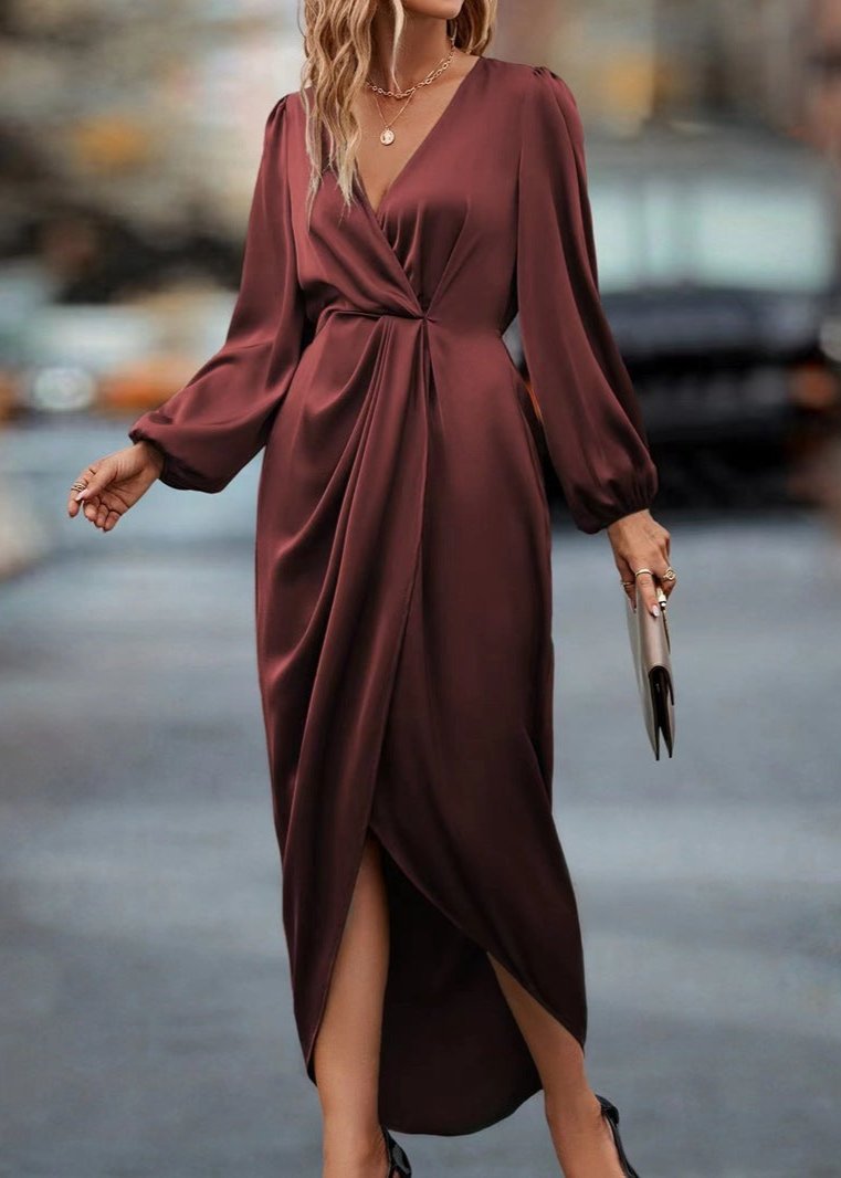 Graceful Red Draped V Neck Midi Dress