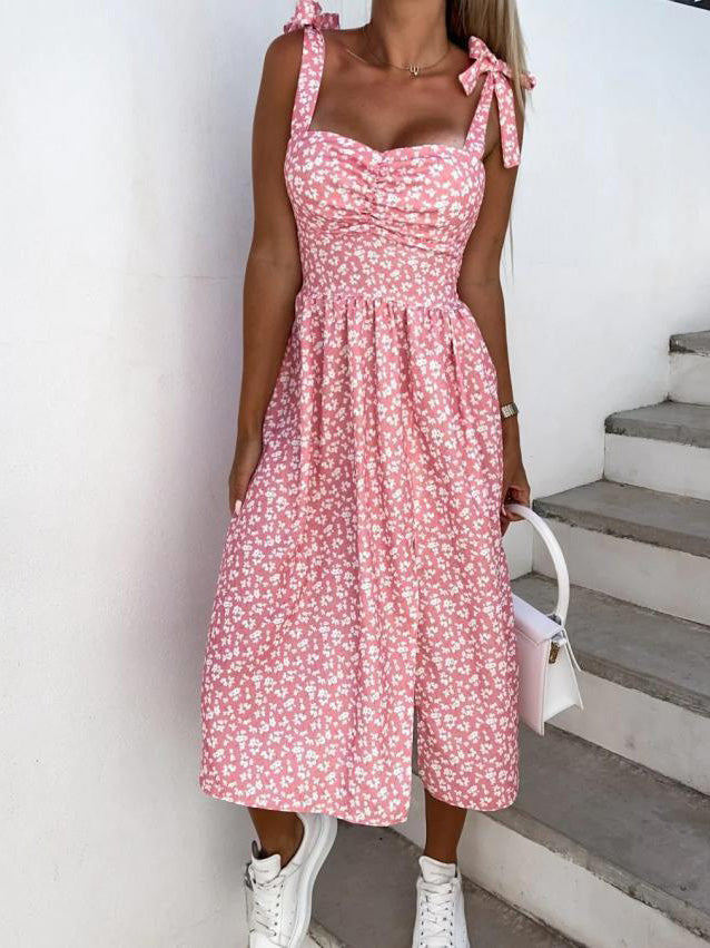 Print Suspender Sleeveless Slit Dress