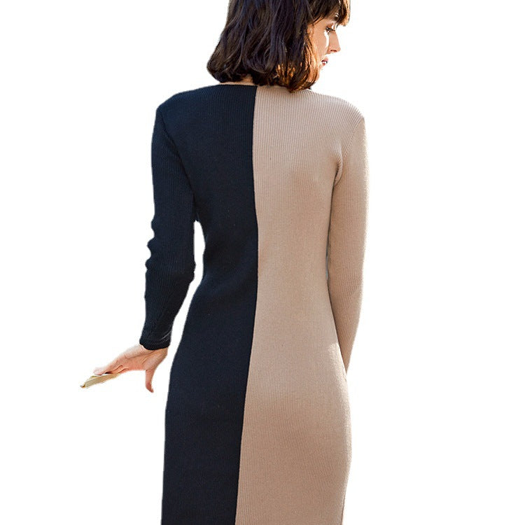 Colorblock Abril Button Front Knit Midi Dress Black Cream