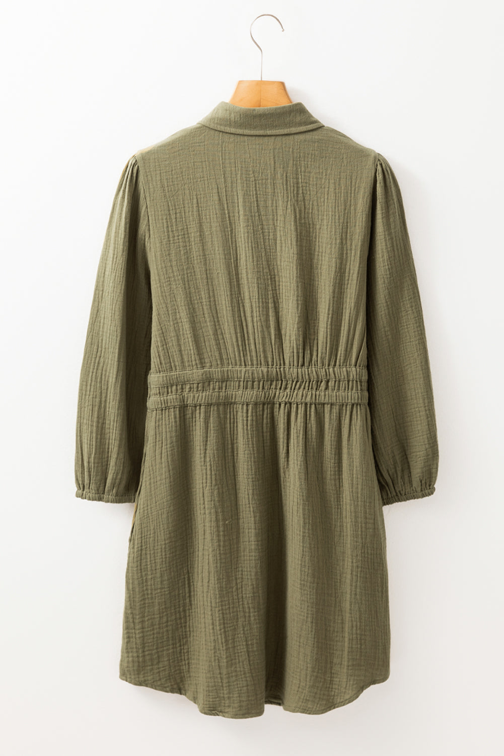 Green Jungle Textured Bracelet Sleeve Collared Button Up Dual Tied Mini Dress