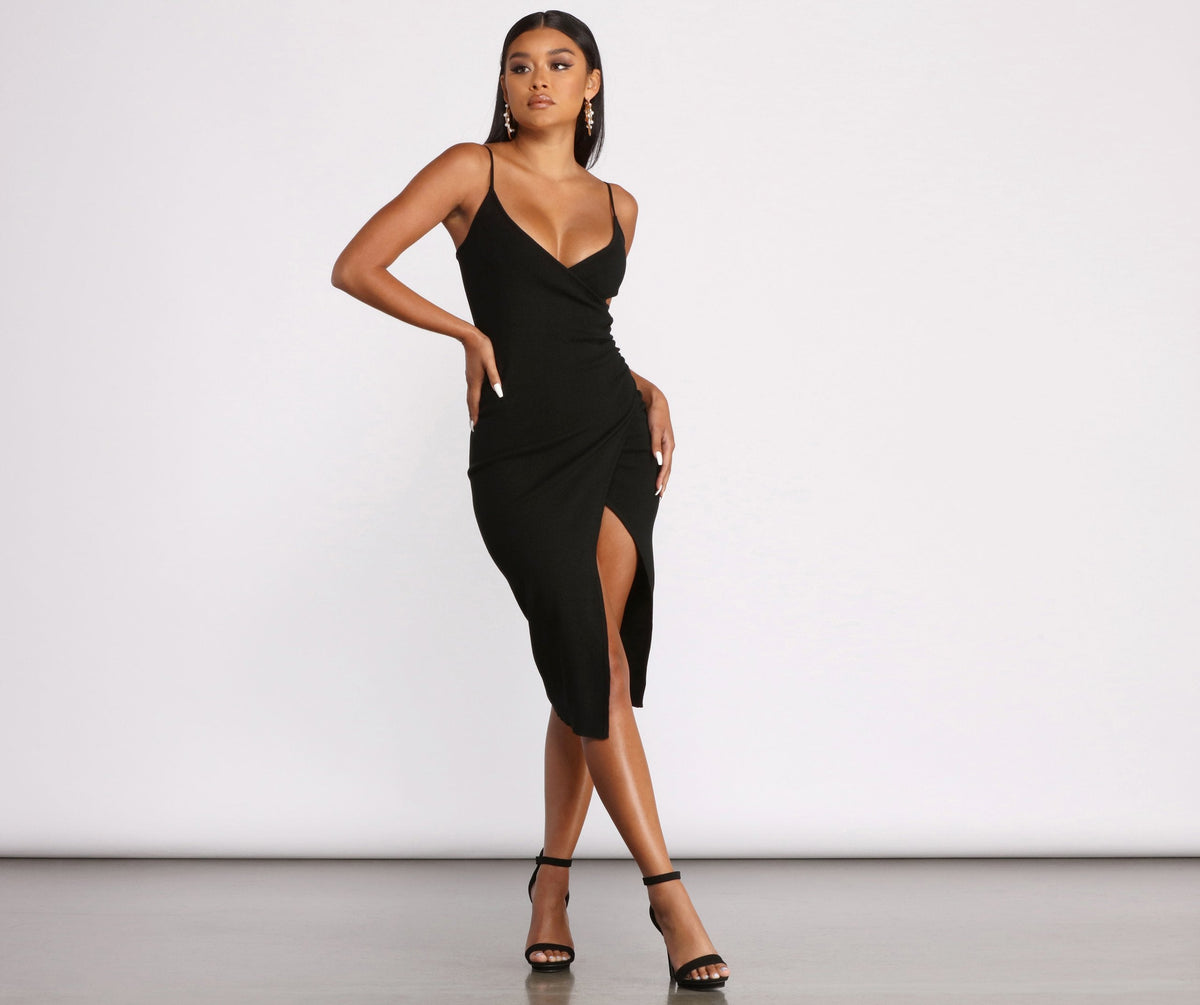 V Sleeveless Neck Asymmetrical Wrap Ribbed Midi Dress