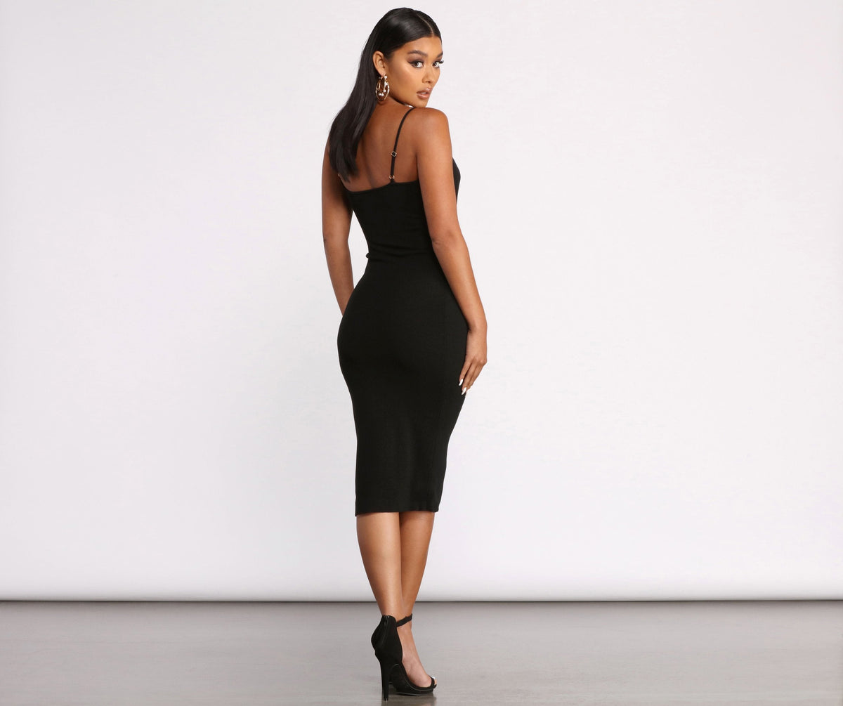 V Sleeveless Neck Asymmetrical Wrap Ribbed Midi Dress