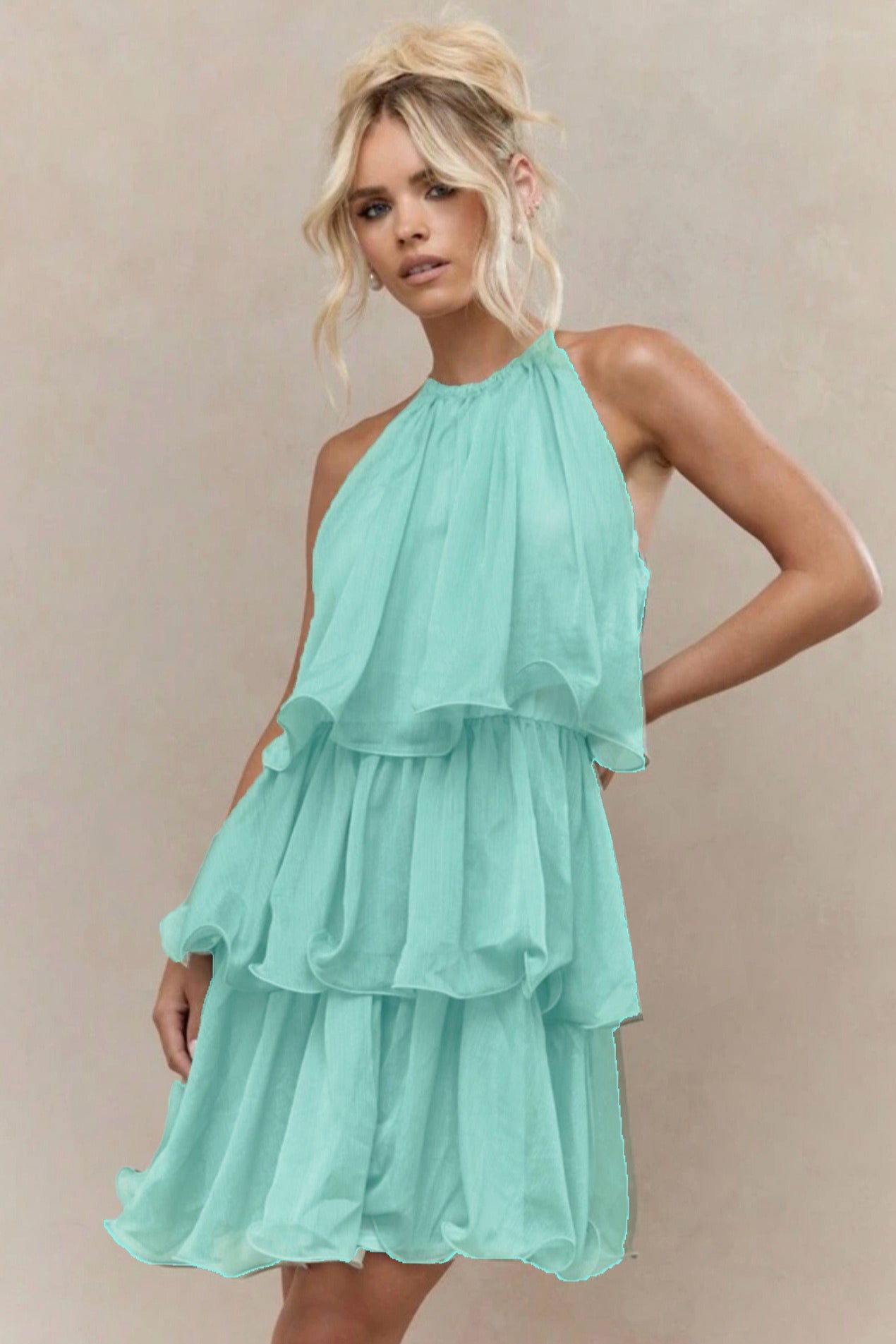 Sleeveless Halter Tiered Ruffle Vacation Dress
