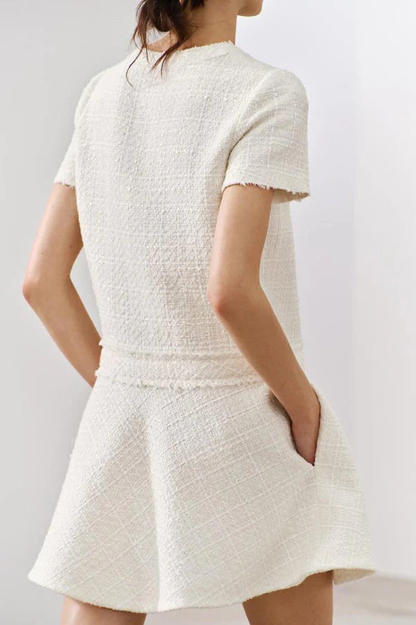 Elevated Rebekah 1960s London Girl Mini Dress in Textured Tweed with Gold Buttons and Short Sleeves and Pockets Boutique Collection