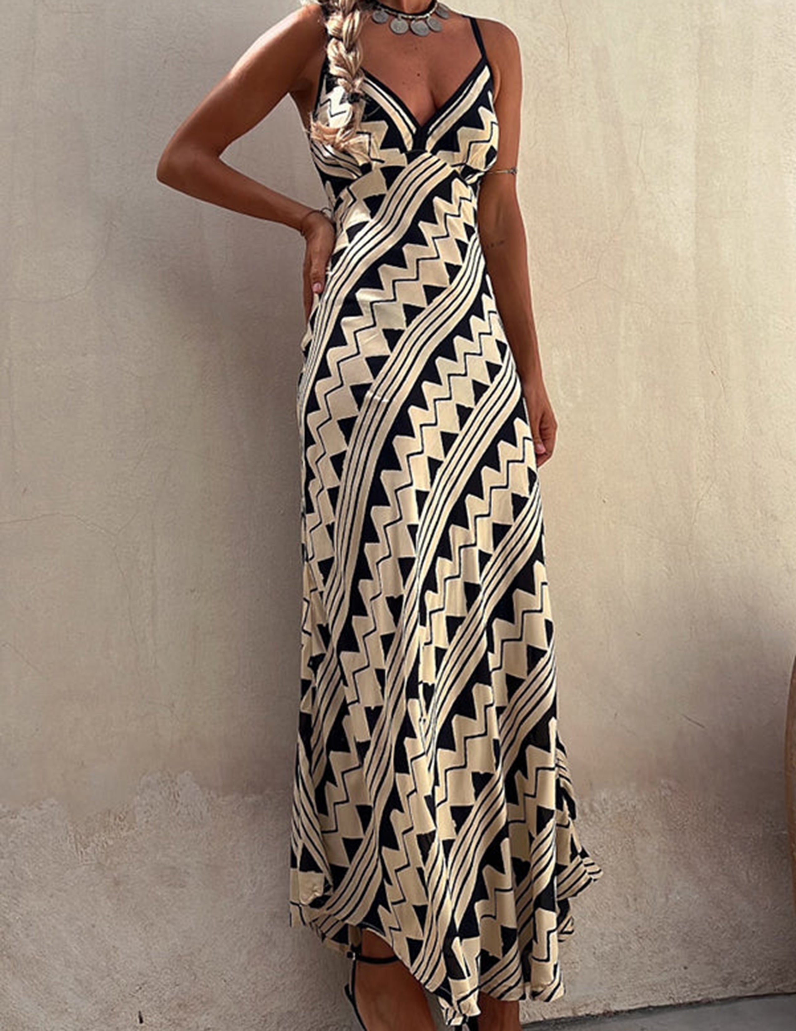 Melody Exclusive Satin Ethnic Print Smocked Back Midi Dress