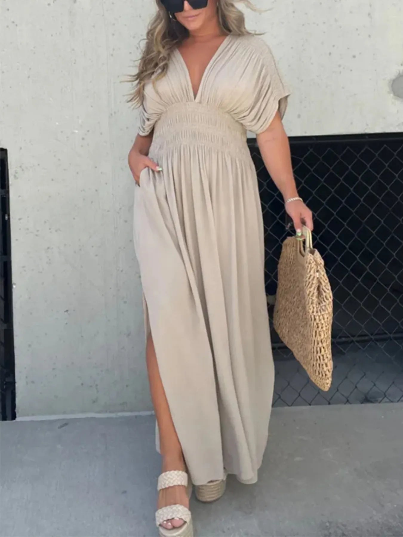 Letizia Minimalist Maxi Dress with V Neckline and Side Slit Premium Wardrobe Essential