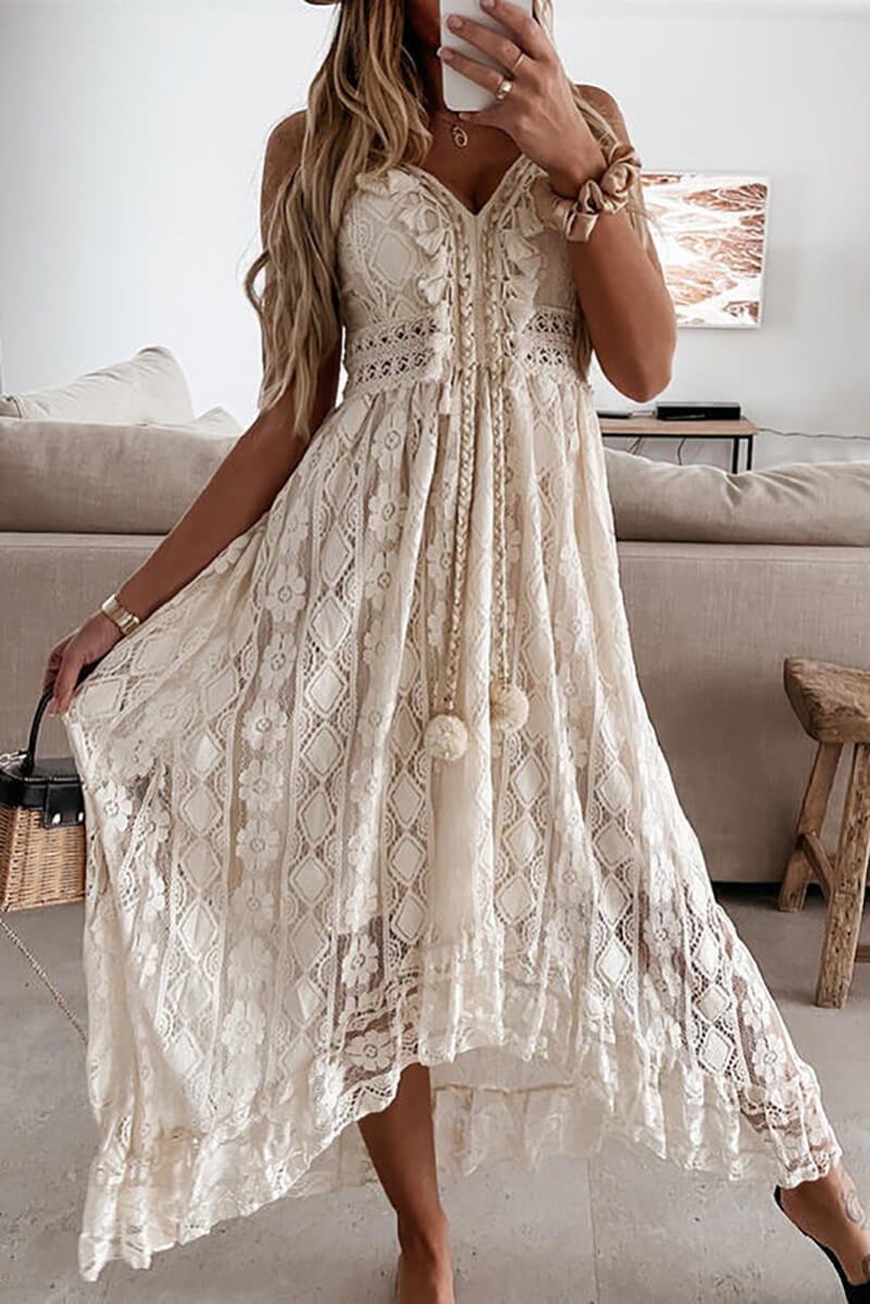 Elevated Adela Midi Dress in Mullet with Lace and Ruffles Evening Wear Edit