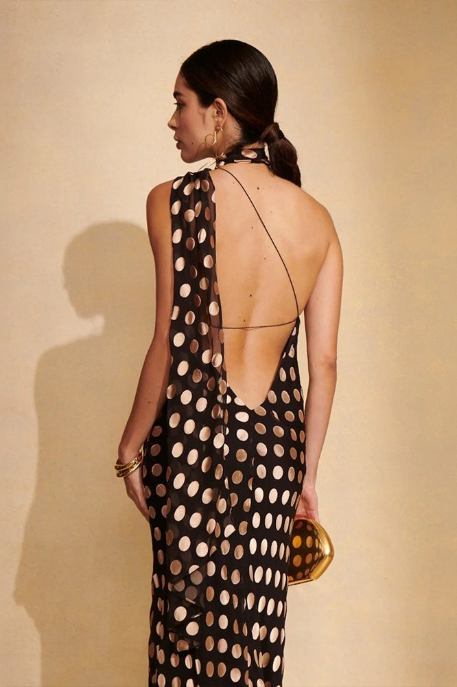 Refined Polka Dot Backless Halter Maxi Dress