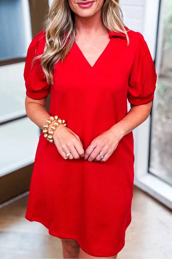 Minimalist Audrey Fiery Red Structured Mini Dress with V Neck and Puff Sleeves Evening Wear Edit