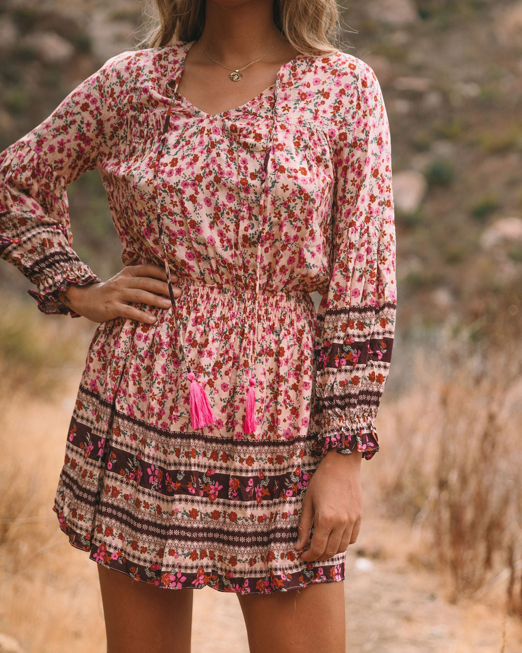 Printed Priority Tassel Dress Natural FINAL