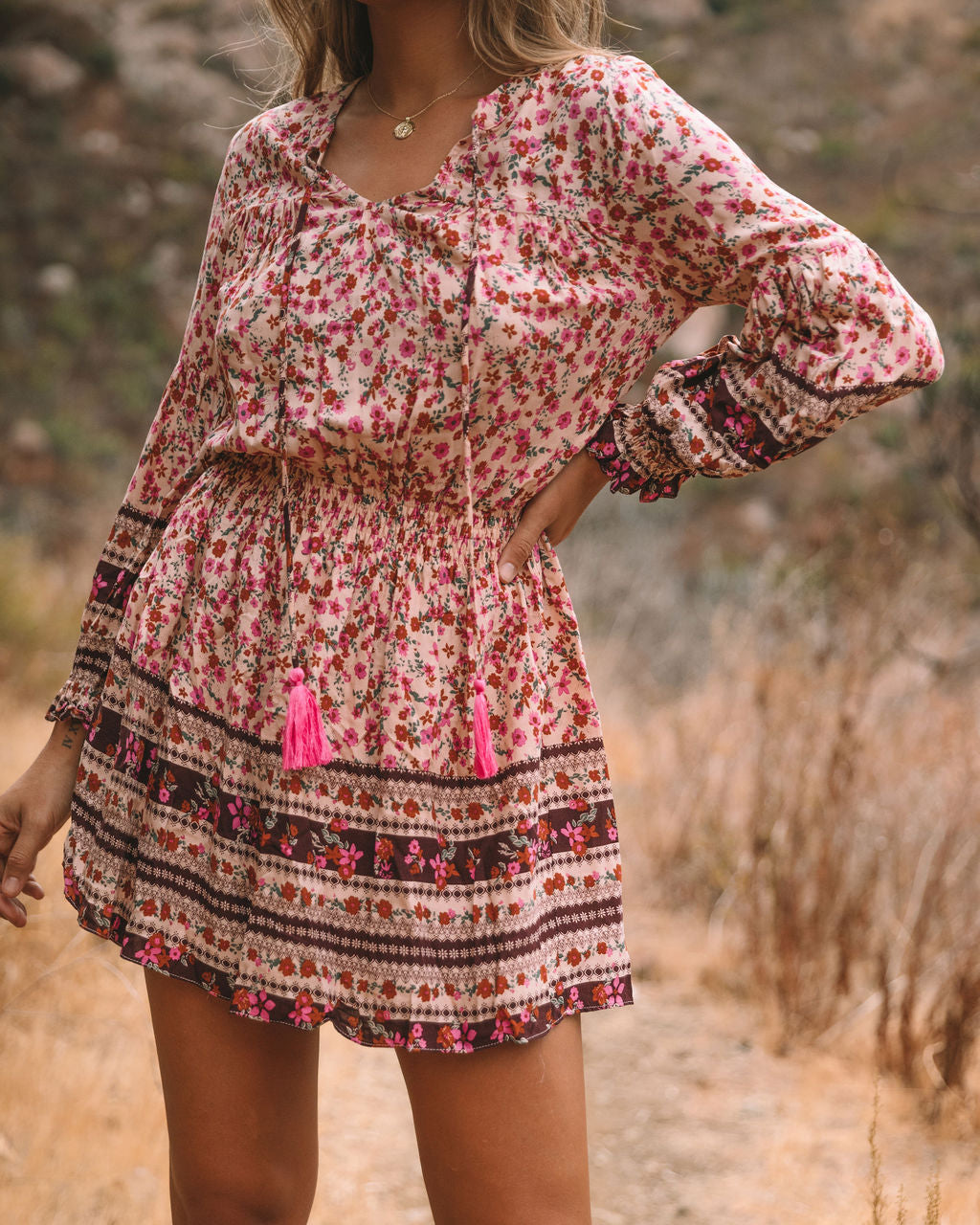 Printed Priority Tassel Dress Natural FINAL