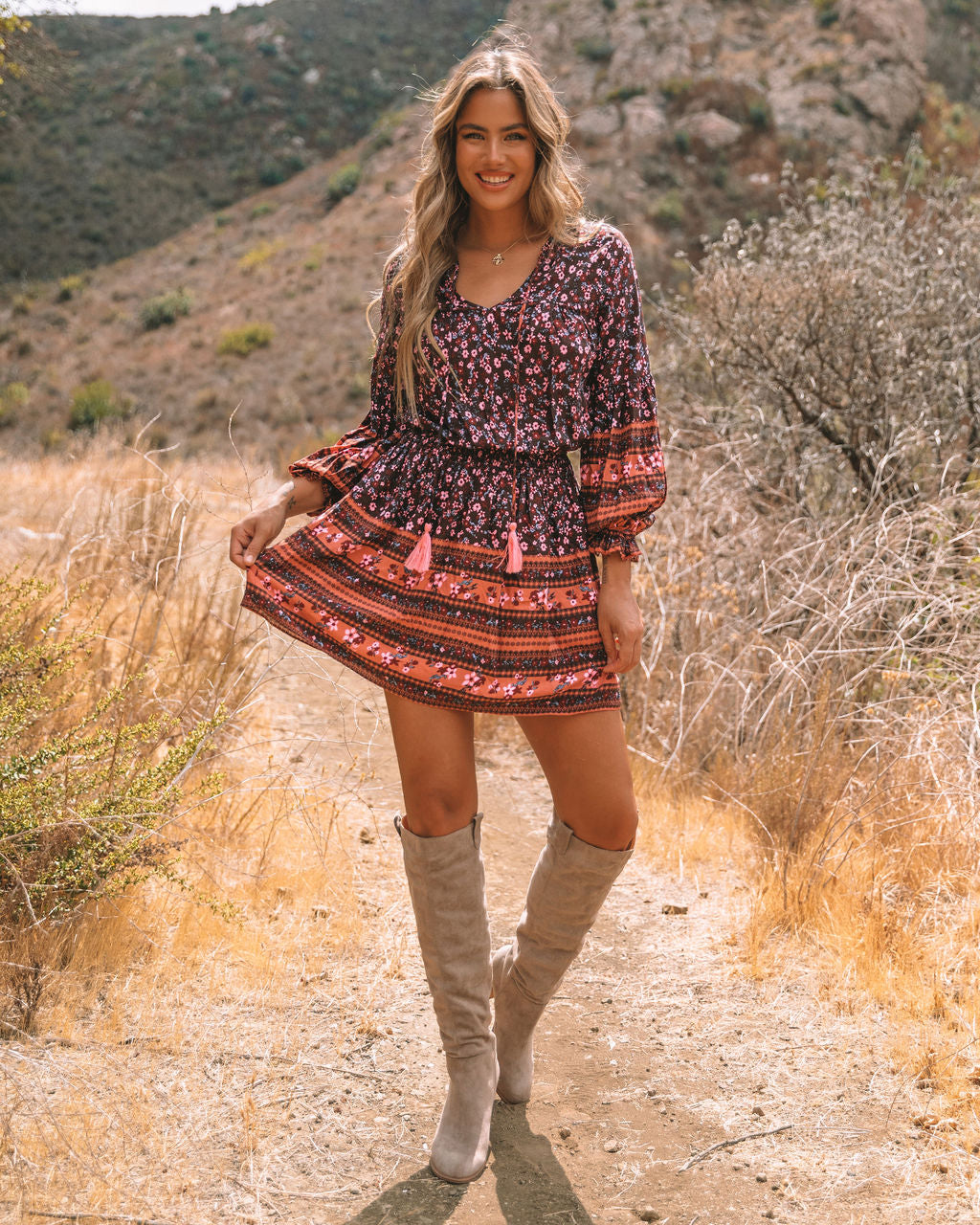 Printed Priority Tassel Dress Chocolate FINAL