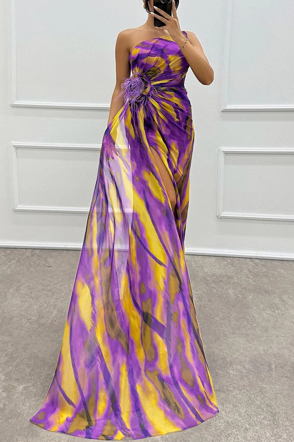Renee Exclusive Amazing Views Off Shoulder Pleated Slit Maxi Dress with Feather Rose Detail in Watercolor Print Chic Silhouette Collection