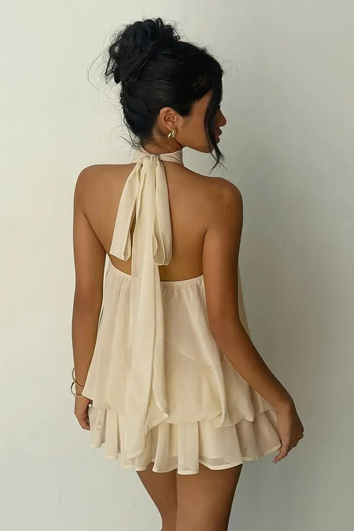 Alluring Backless Halter Tie Waist Slim Fit Ruffled Mini Dress