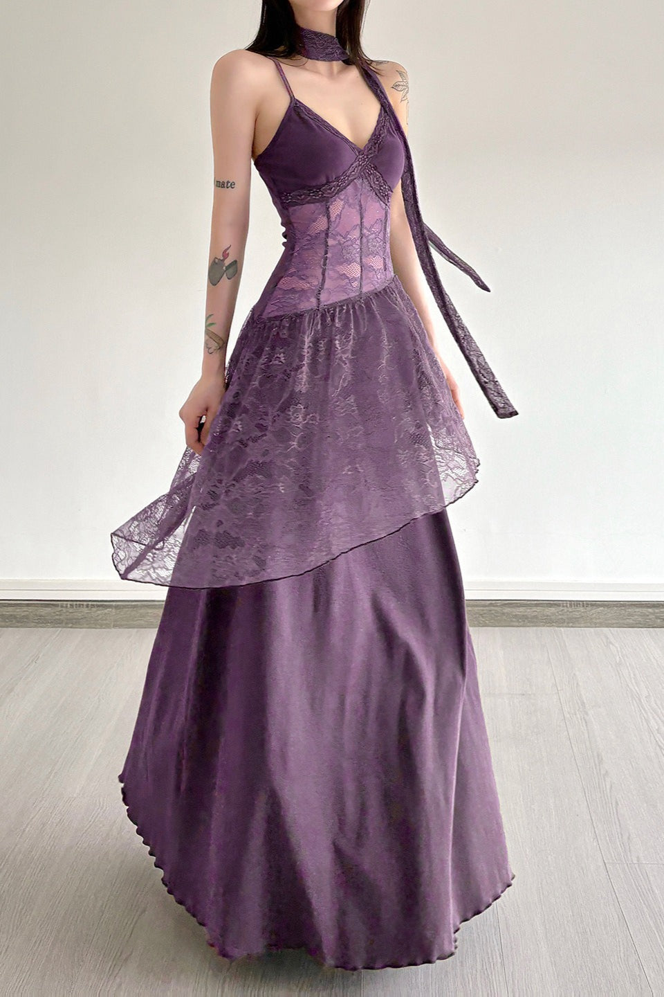 Lace Edition Trim Sheer Waist Tie Cami Maxi Lace Dress
