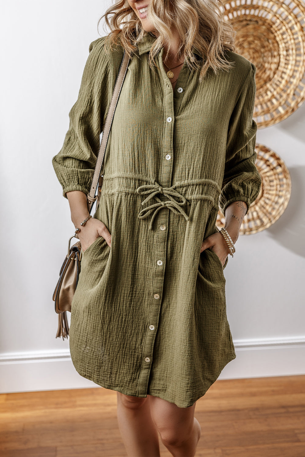 Green Jungle Textured Bracelet Sleeve Collared Button Up Dual Tied Mini Dress
