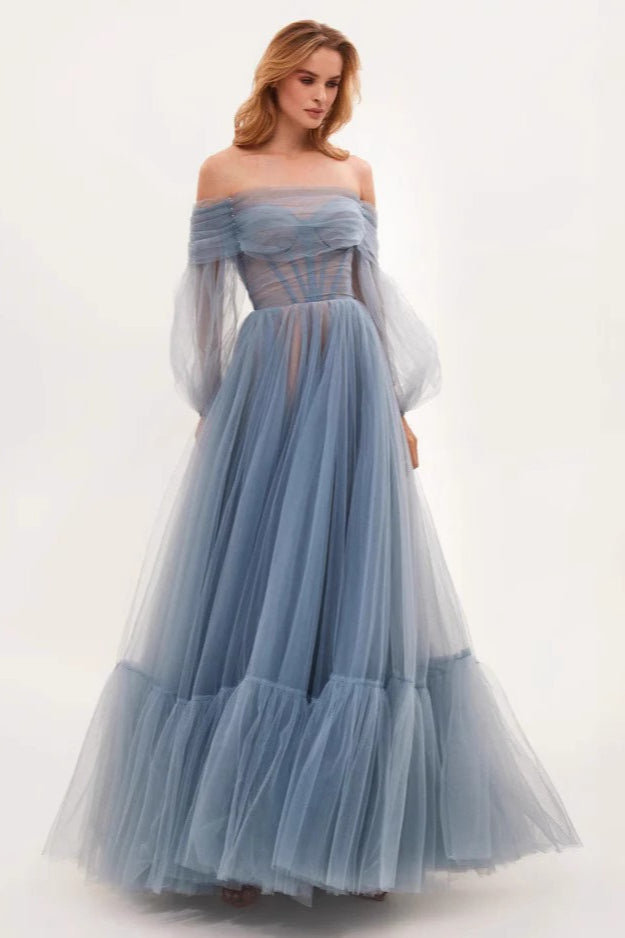 Off Shoulder Mesh Long Sleeved Prom Dress