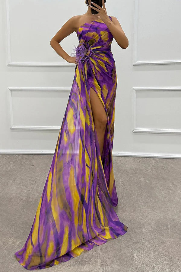 Renee Exclusive Amazing Views Off Shoulder Pleated Slit Maxi Dress with Feather Rose Detail in Watercolor Print Chic Silhouette Collection