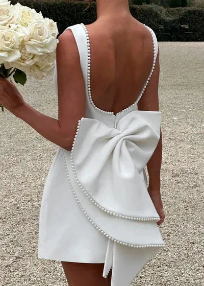 Trimmed Pearl Bow Back Mini Dress Chic Elegance