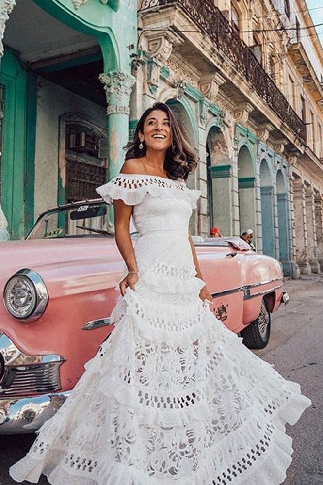 Ruffled Edition Cutout Off Shoulder Flare Lace Maxi Boho Dress
