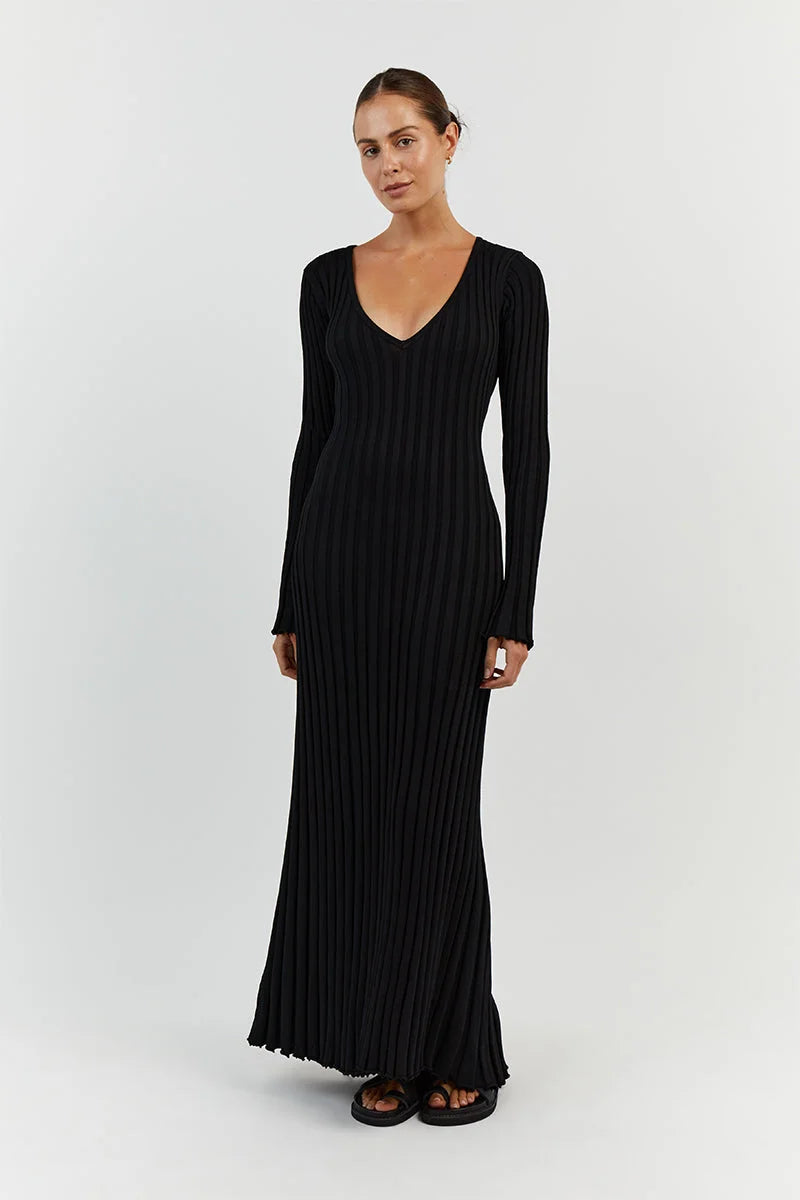 Timeless Sasha Knitted Midi Dress with V Neck and Sleeves Evening Wear Edit