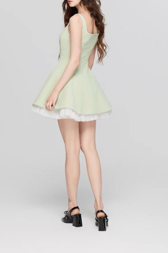 Neck Square Mesh Panel Mini Dress