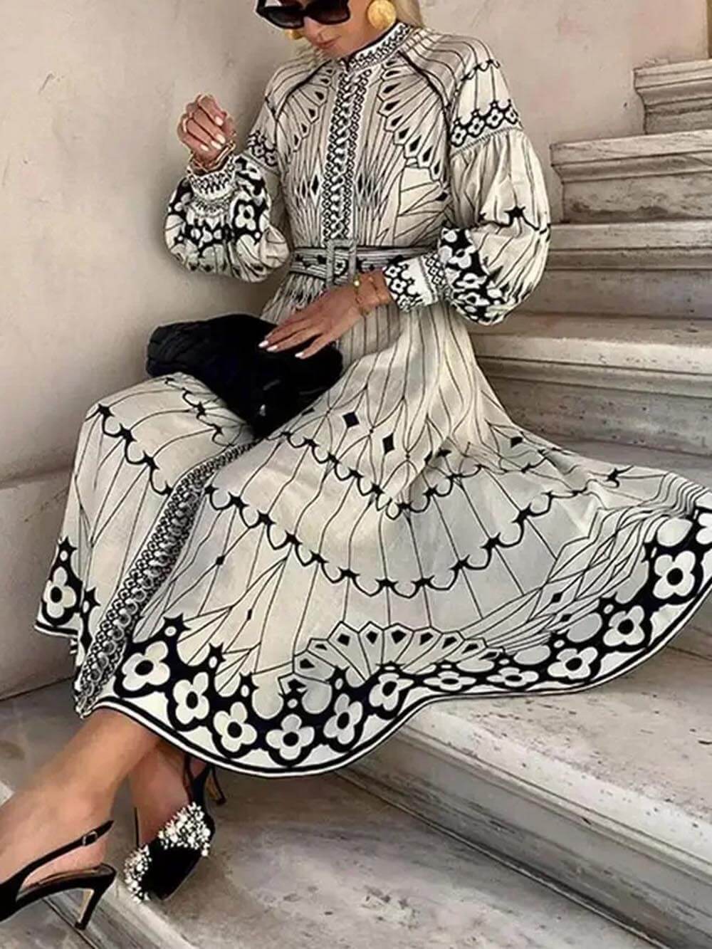 Vintage Casual Lantern Sleeve Bloom Print Midi Dress