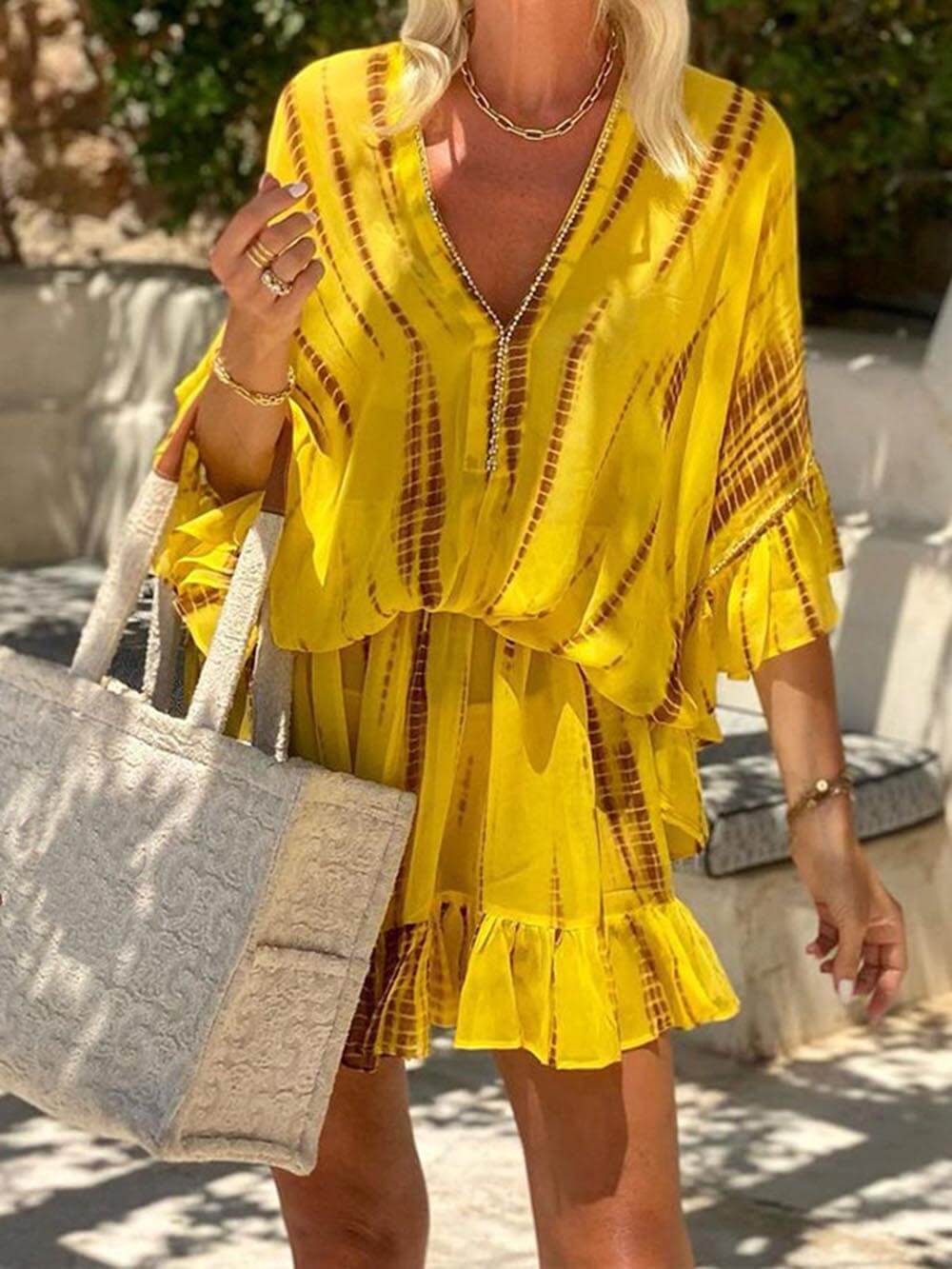 Tie Unique Dye Ruffle Batwing Sleeve Elastic Waist Kaftan Mini Dress