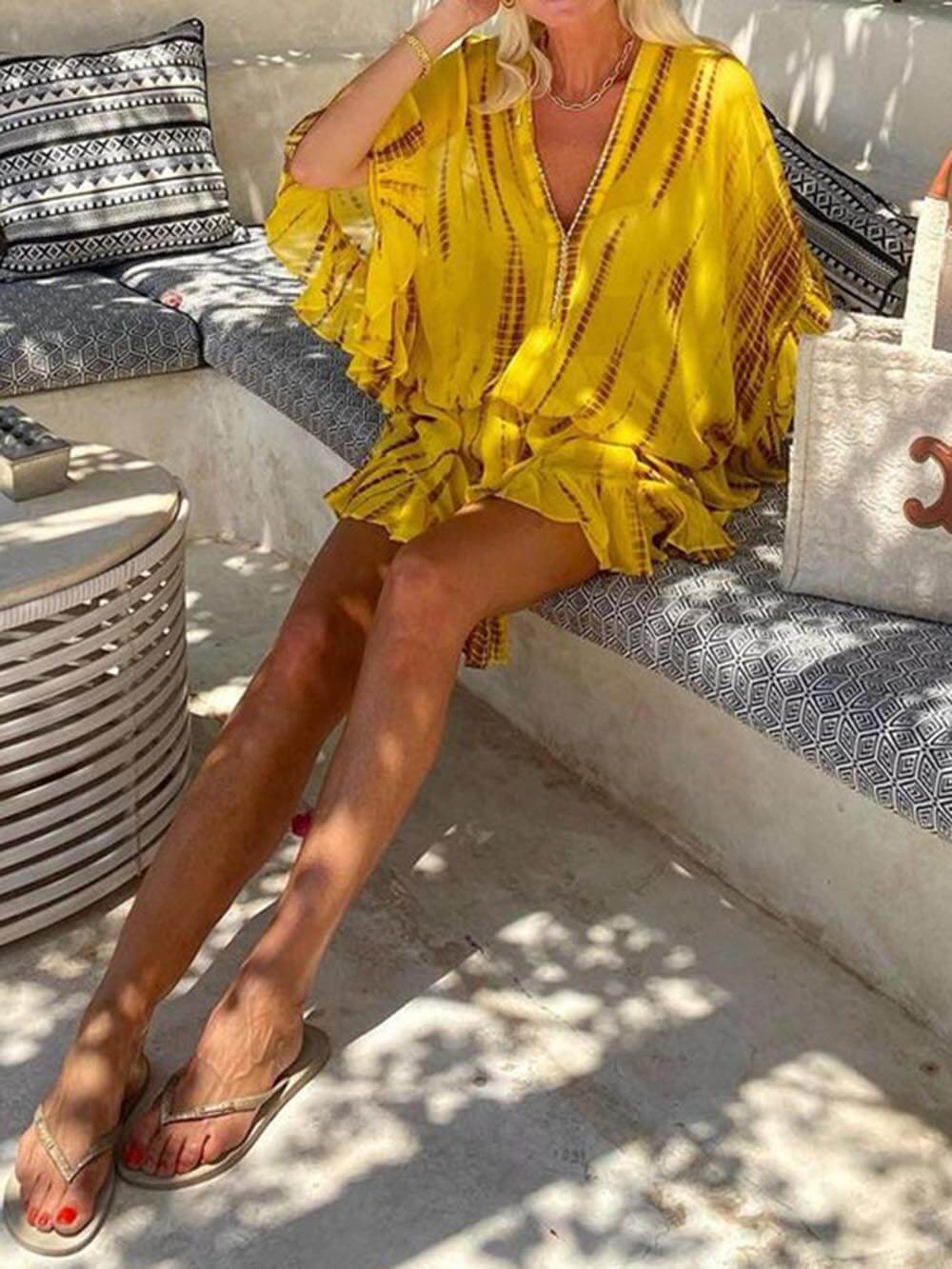 Tie Unique Dye Ruffle Batwing Sleeve Elastic Waist Kaftan Mini Dress