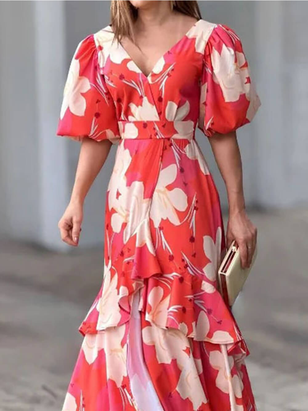 Chic V Neck Printed Layered Dress