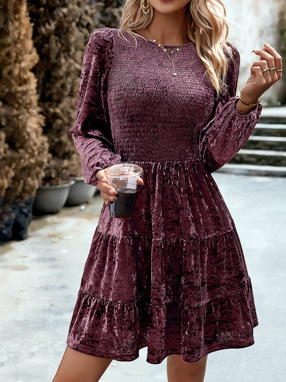 Round Neck Relaxed Velvet Mini Dress